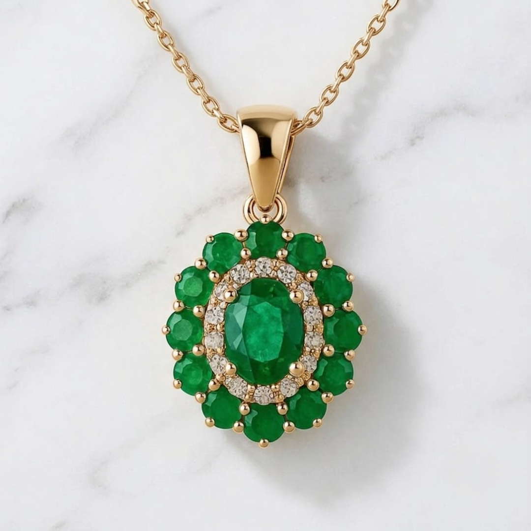 Emerald Halo Jewelry Set, Oval Green Diamond Pendant Necklace & Stud Earrings, 14K Solid Gold, Luxury Bridal Gift