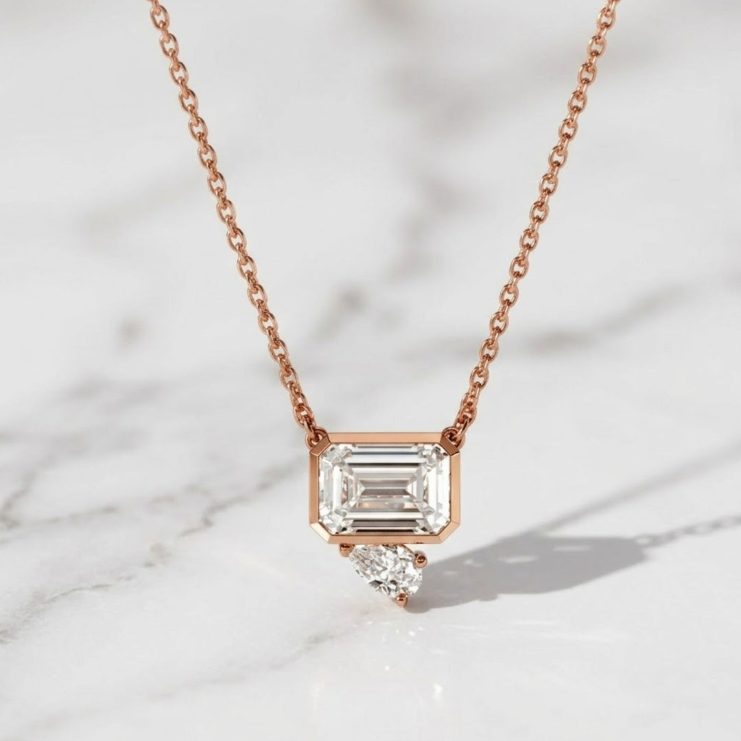 Bezel Set Emerald Cut Lab Grown Diamond Pendant Necklace: 14k Gold, IGI Certified