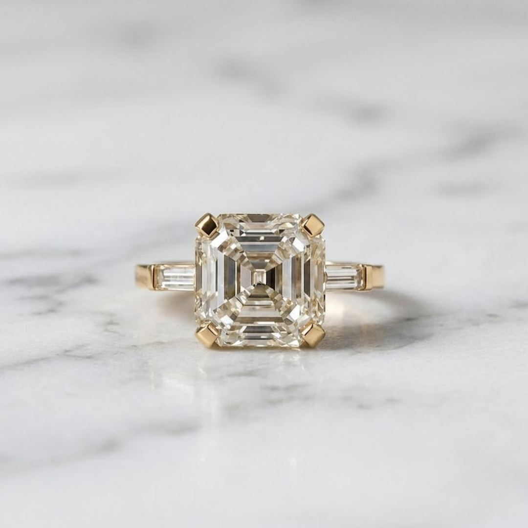 5.01 CT Asscher Cut Lab Grown Diamond Ring with Baguette Accents 9K - 18K Solid Gold