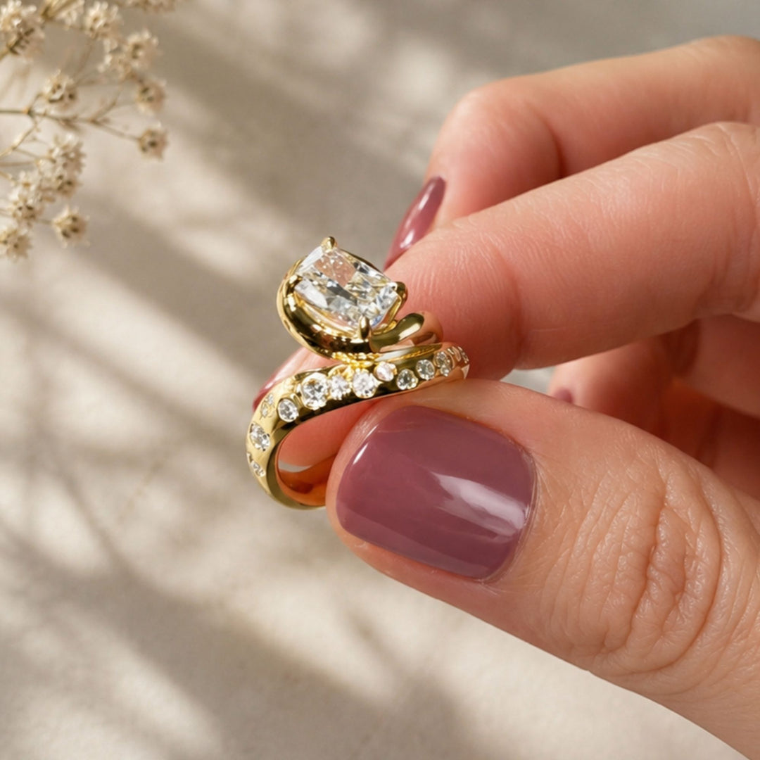 Cushion Cut Bypass Engagement Ring, Gold Scattered Diamond Statement Ring, Unique Asymmetric Design, One of a Kind Gift, IGI Certified Ring