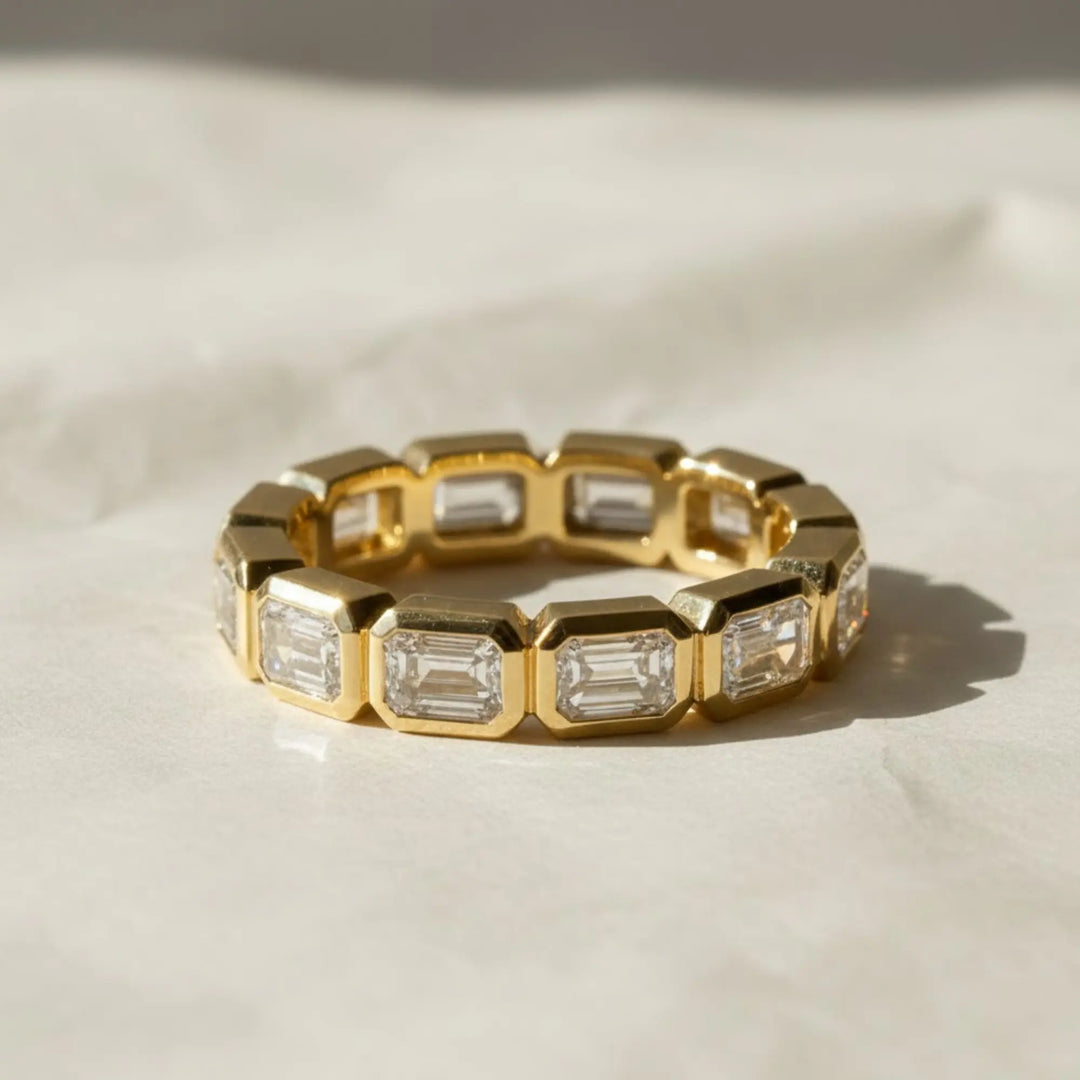 Emerald Cut Lab Grown Diamond Eternity Ring, 14K Yellow Gold Bezel Set Jwalin Jewels