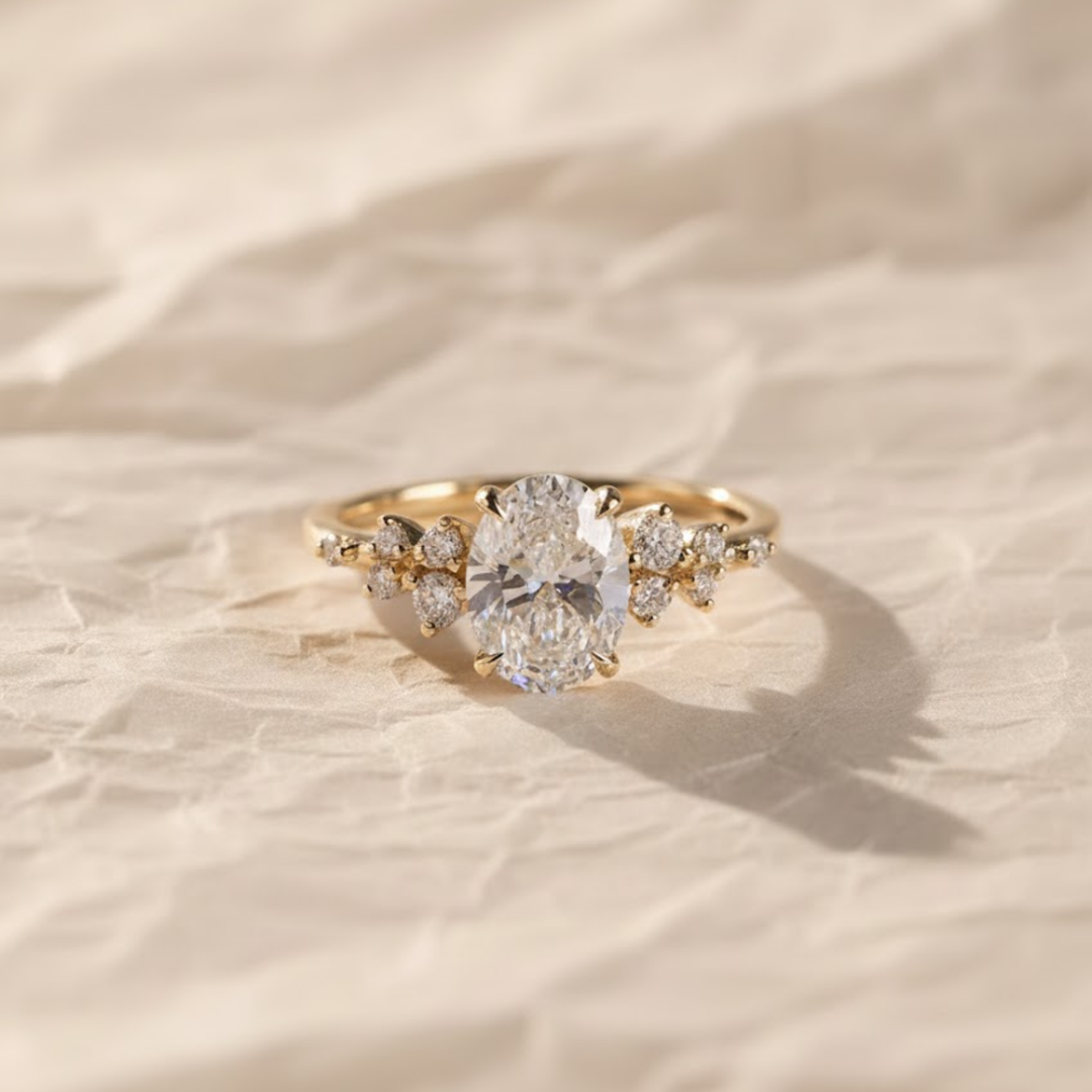 2.0 CT Oval Lab-Grown Diamond Engagement Ring: Solid Gold Cluster Bridal Ring