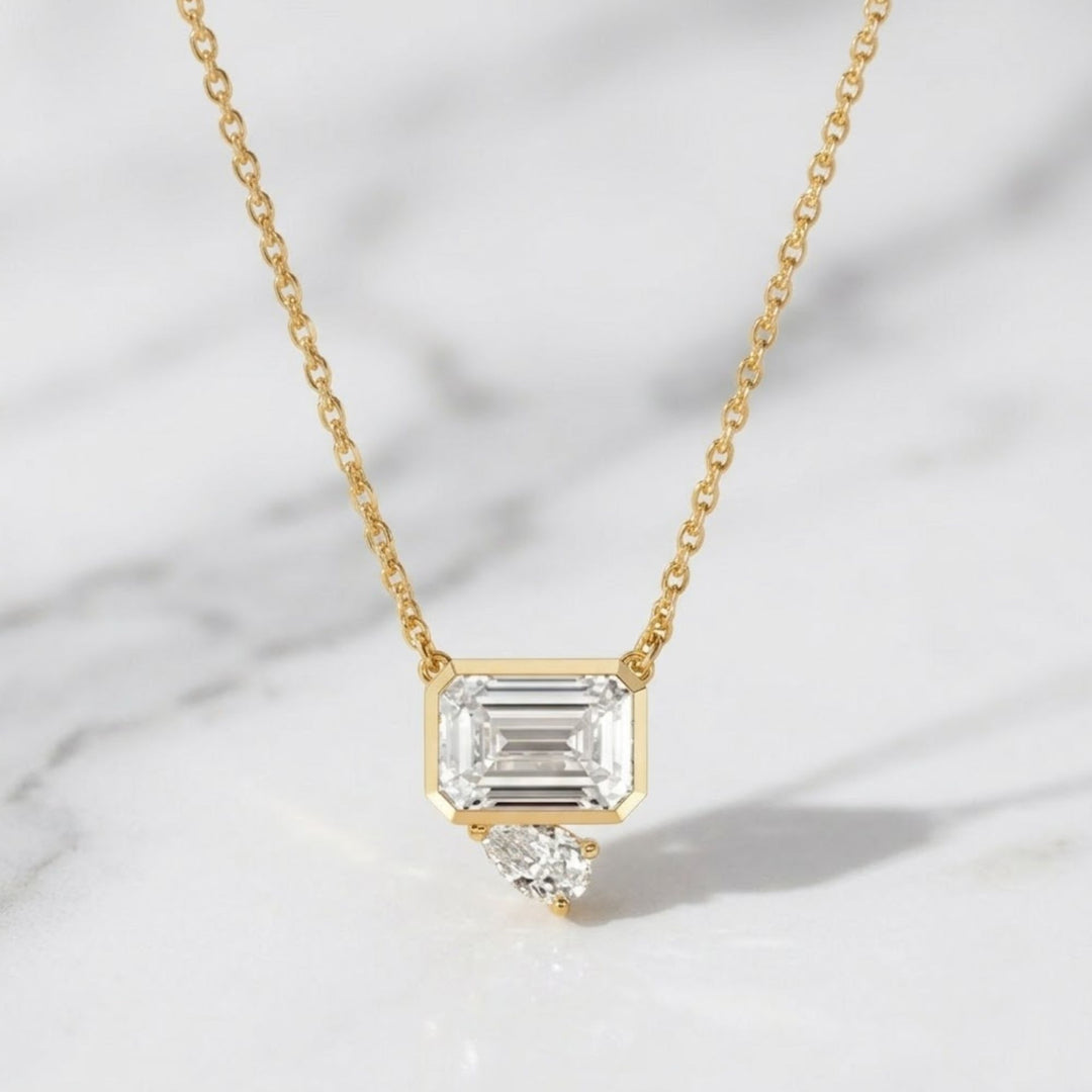 Bezel Set Emerald Cut Lab Grown Diamond Pendant Necklace: 14k Gold, IGI Certified