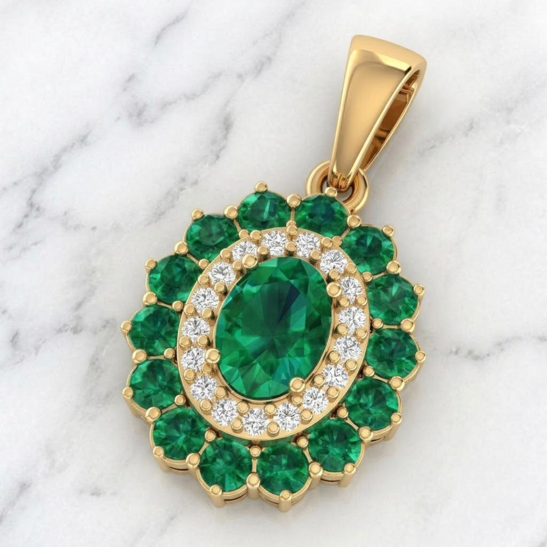Emerald Halo Jewelry Set, Oval Green Diamond Pendant Necklace & Stud Earrings, 14K Solid Gold, Luxury Bridal Gift