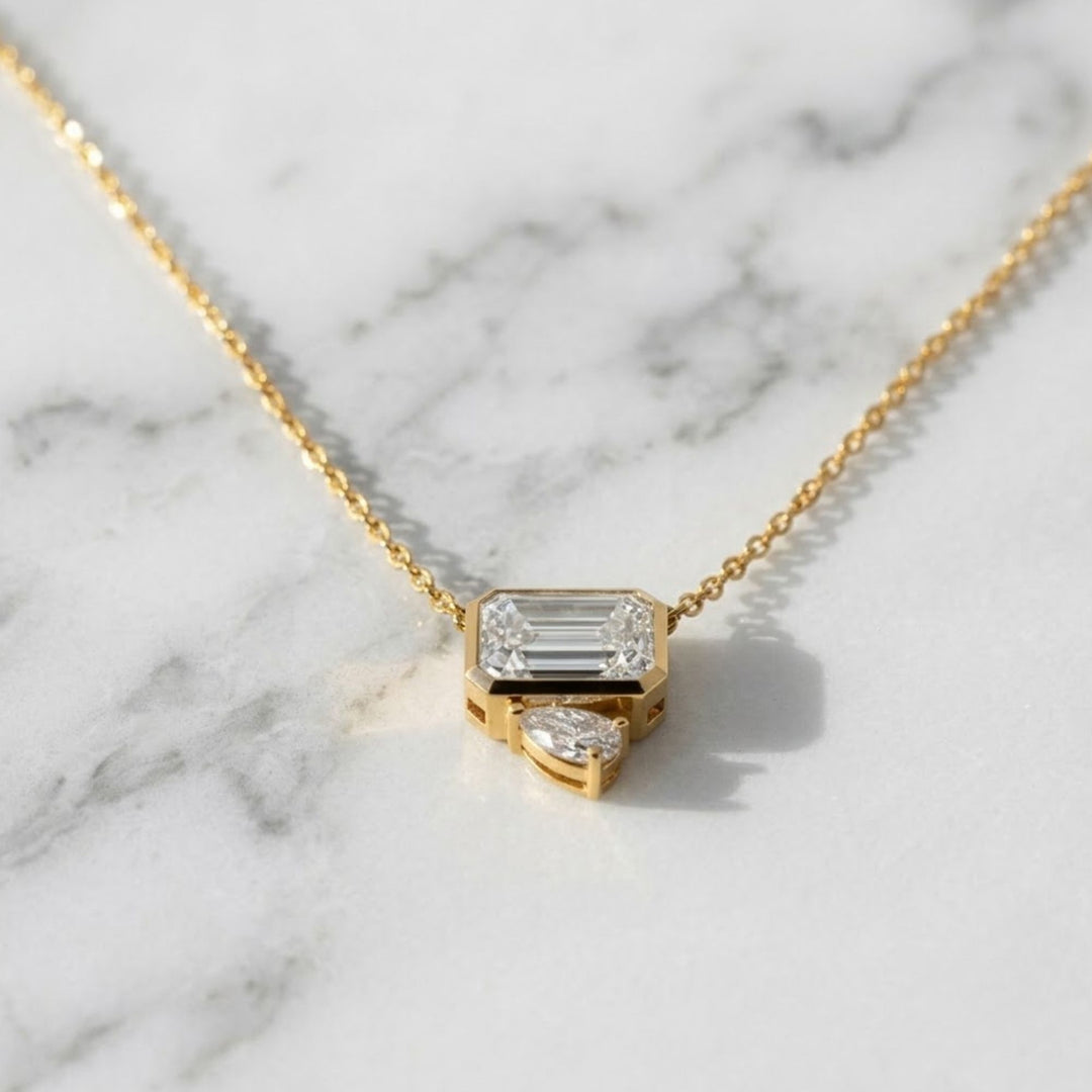 Bezel Set Emerald Cut Lab Grown Diamond Pendant Necklace: 14k Gold, IGI Certified