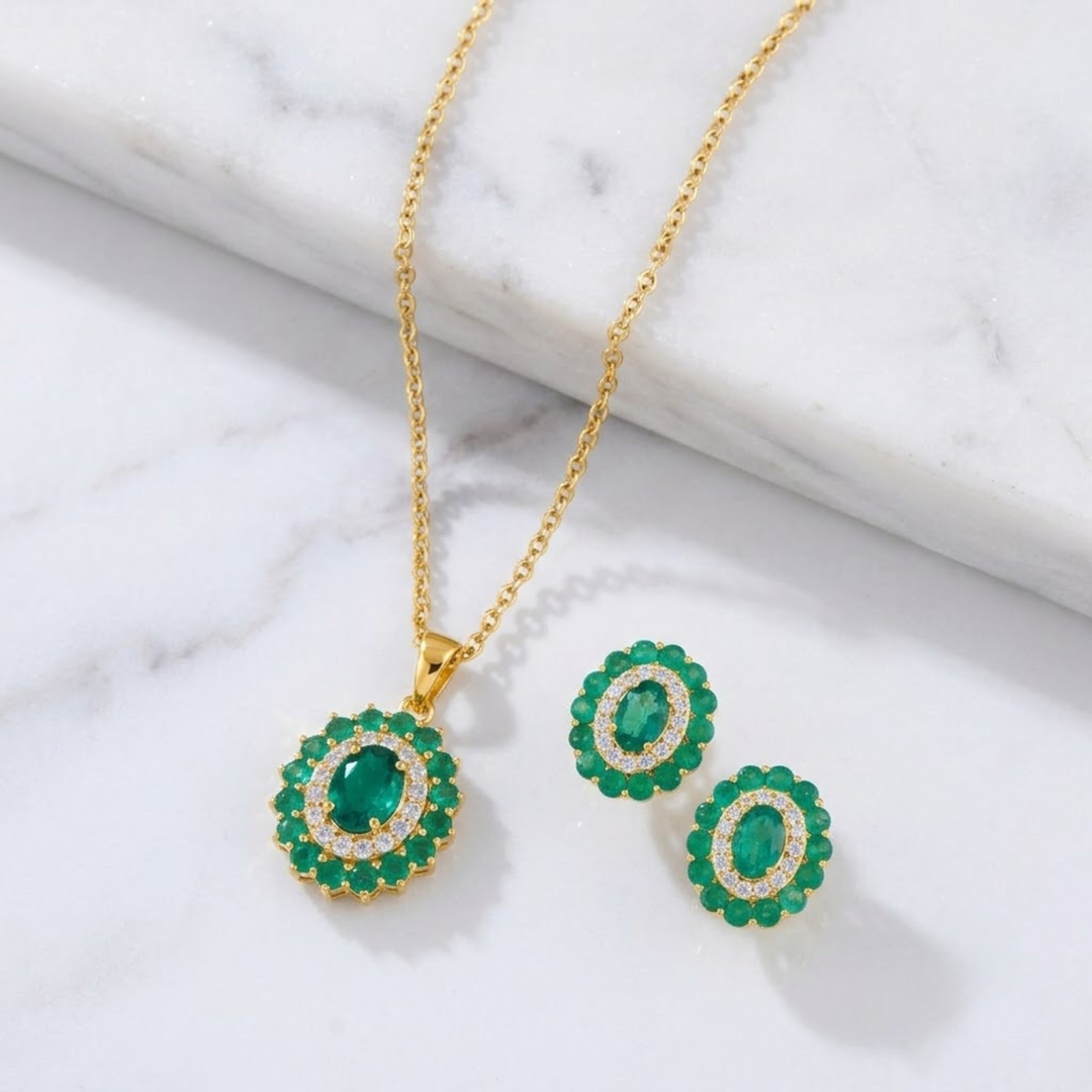 Emerald Halo Jewelry Set, Oval Green Diamond Pendant Necklace & Stud Earrings, 14K Solid Gold, Luxury Bridal Gift