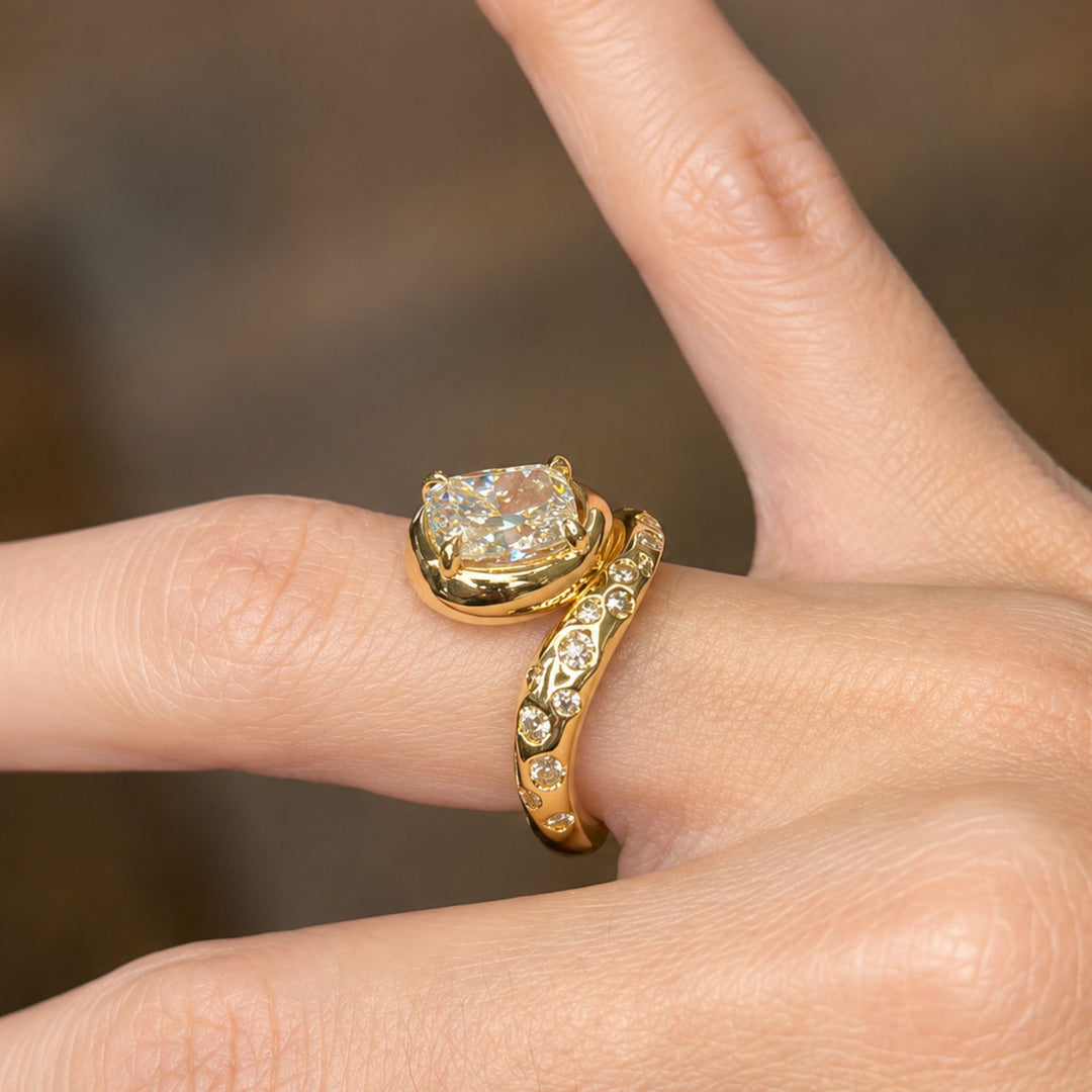 Cushion Cut Bypass Engagement Ring, Gold Scattered Diamond Statement Ring, Unique Asymmetric Design, One of a Kind Gift, IGI Certified Ring