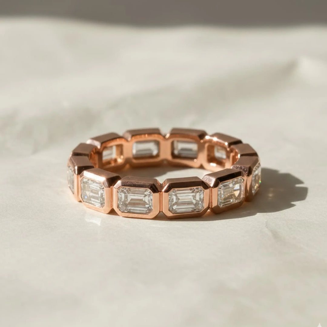 Emerald Cut Lab Grown Diamond Eternity Ring, 14K Yellow Gold Bezel Set Jwalin Jewels