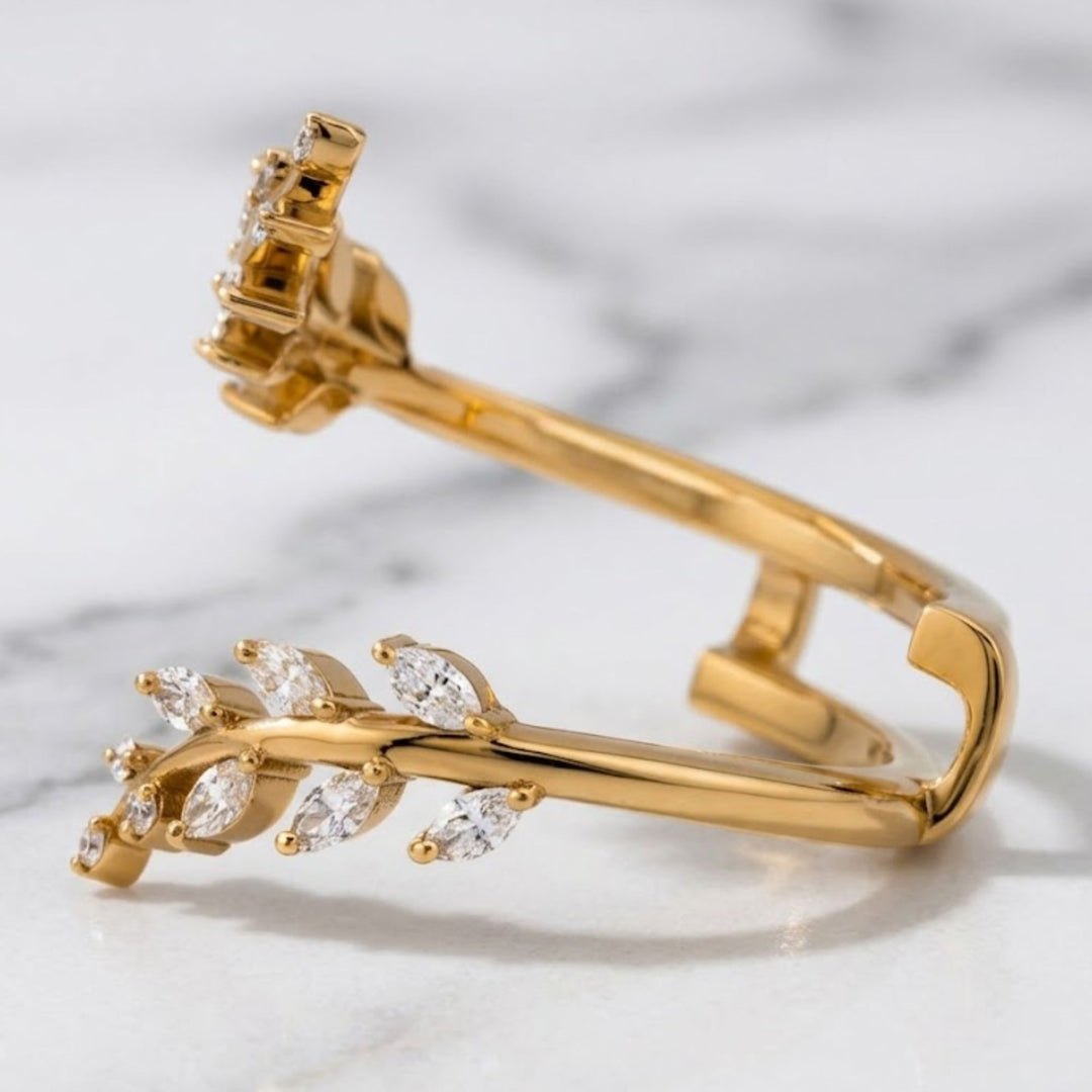 2.10 CT Lozenge Lab Grown Diamond Ring Set, Nature Inspired Engagement Ring, 14K Solid Gold