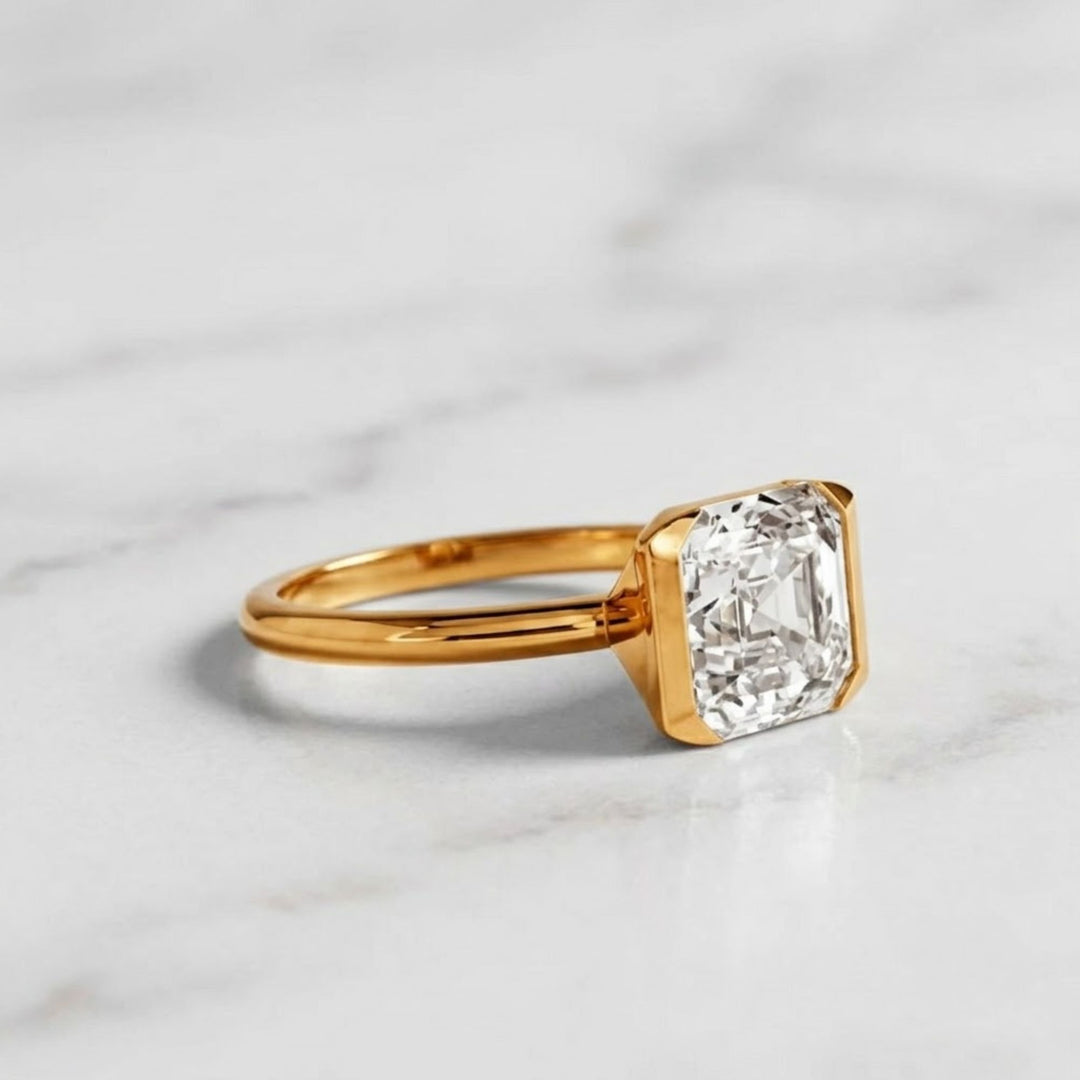 Half Bezel Set Asscher Cut 3ct Lab Grown Diamond Engagement Ring