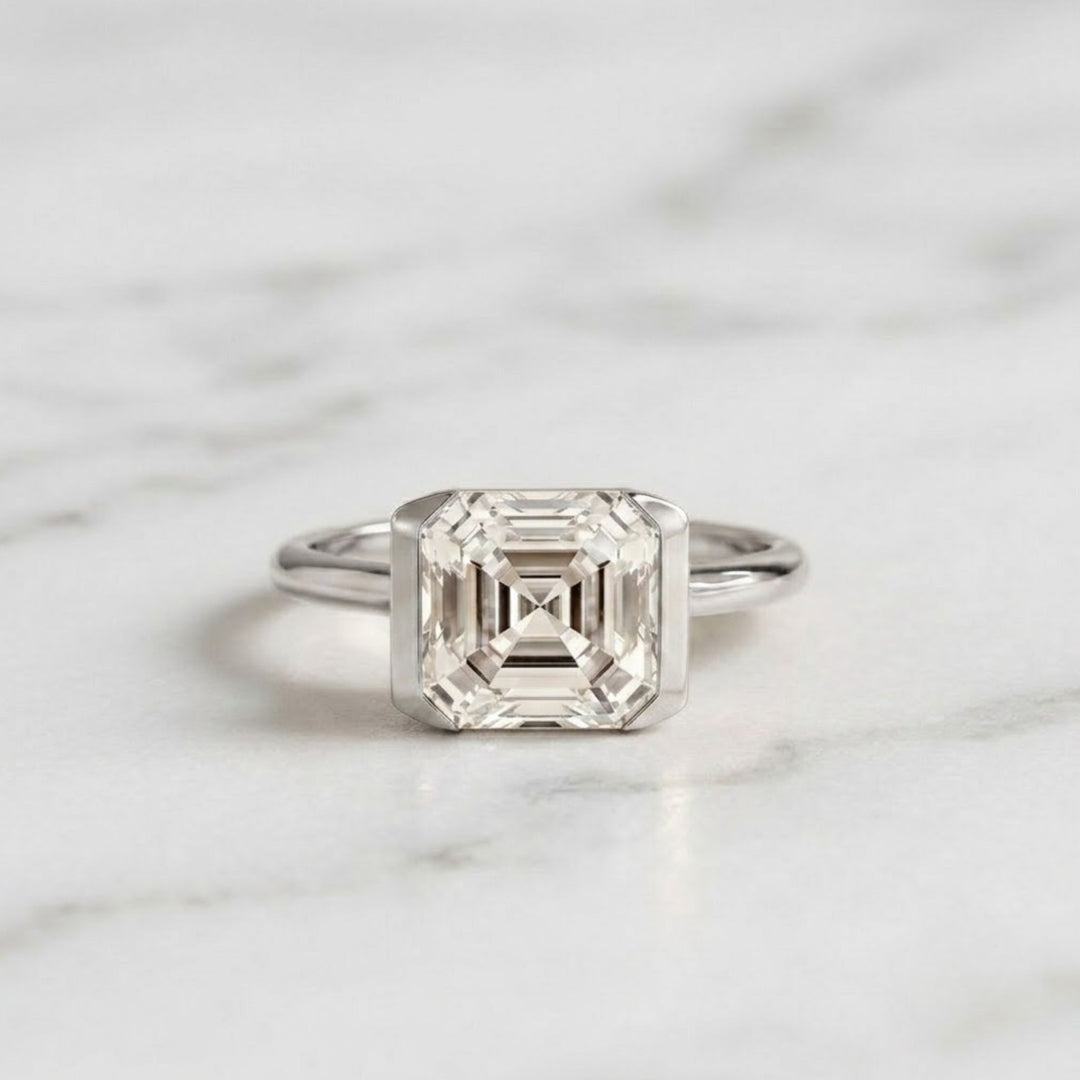 Half Bezel Set Asscher Cut 3ct Lab Grown Diamond Engagement Ring