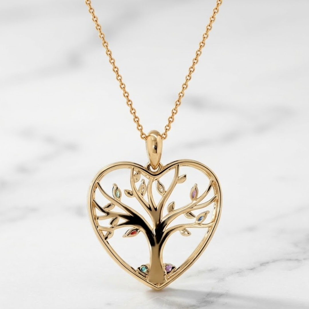 Family Tree of Life Heart Necklace | 14K Solid Gold Pendant | Personalized Family Jewelry | Mother Gift | Meaningful Anniversary Gift