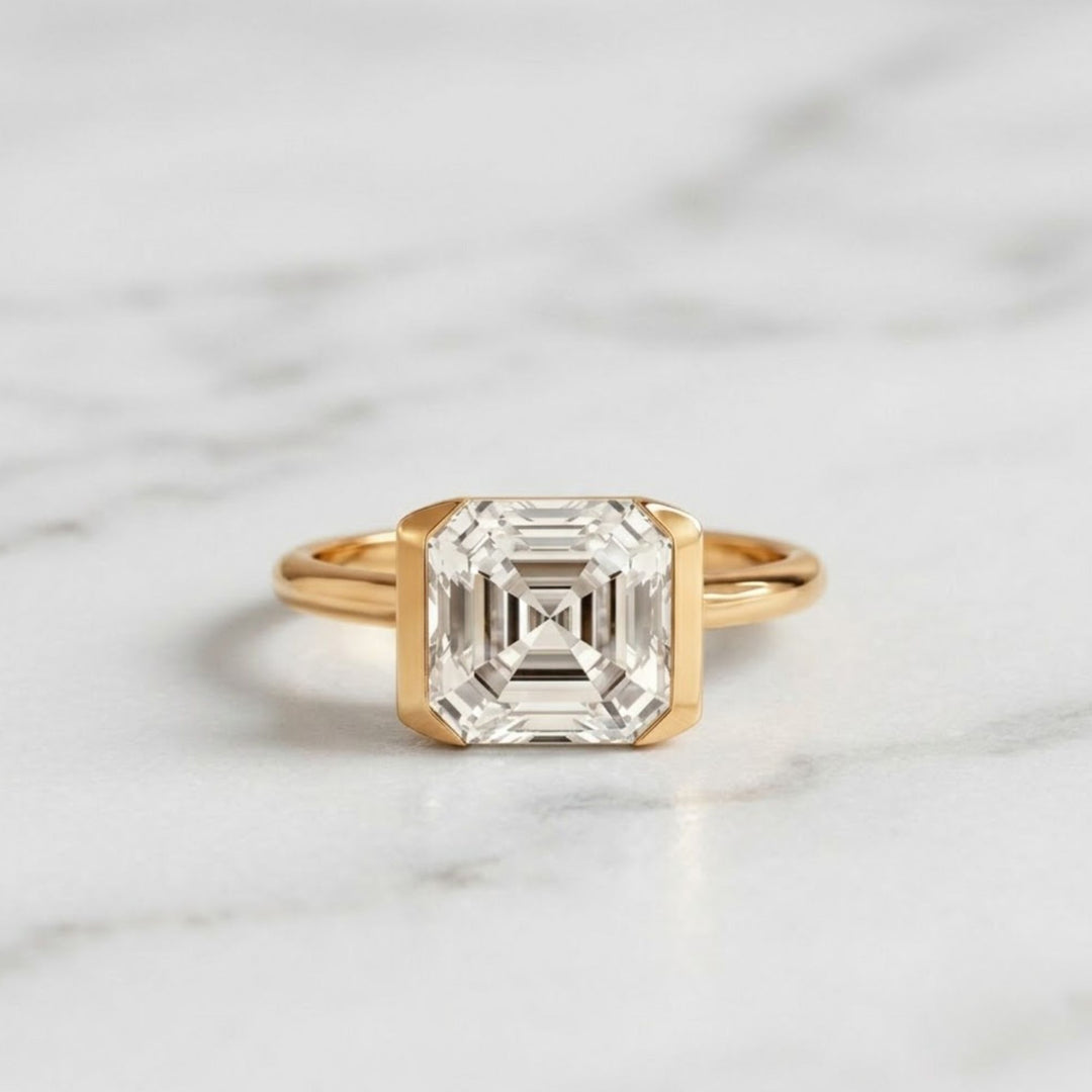 Half Bezel Set Asscher Cut 3ct Lab Grown Diamond Engagement Ring