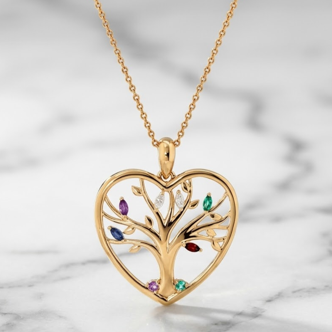 Family Tree of Life Heart Necklace | 14K Solid Gold Pendant | Personalized Family Jewelry | Mother Gift | Meaningful Anniversary Gift