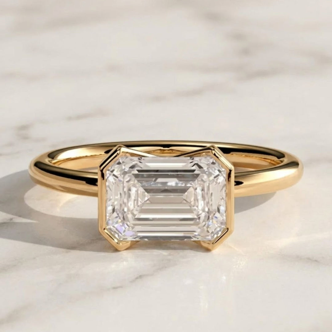 Emerald Half Bezel Lab Grown Diamond Engagement, Wedding Ring, Anniversary Gift, Solitaire Diamond Ring for her
