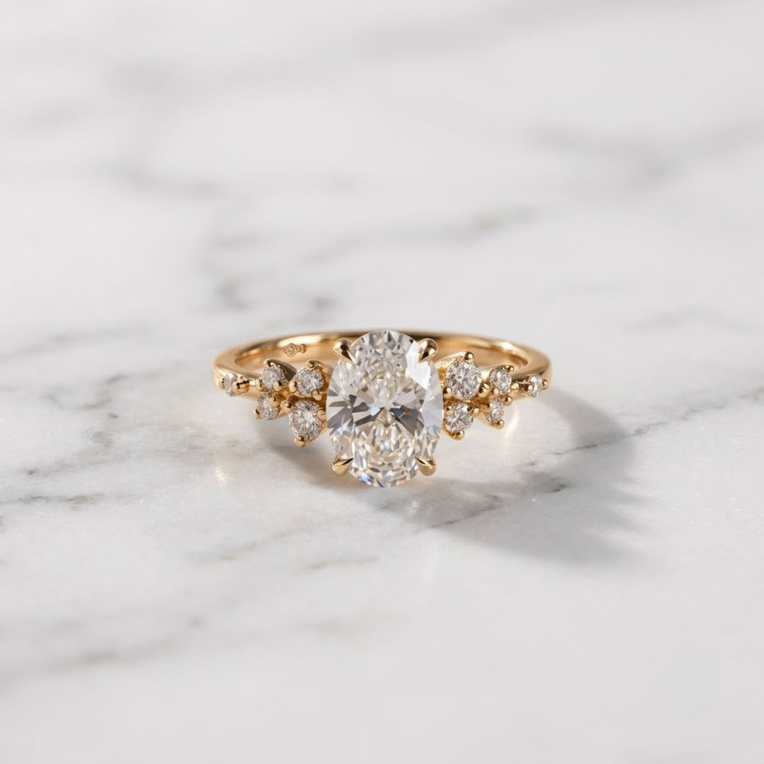 2.0 CT Oval Lab-Grown Diamond Engagement Ring: Solid Gold Cluster Bridal Ring