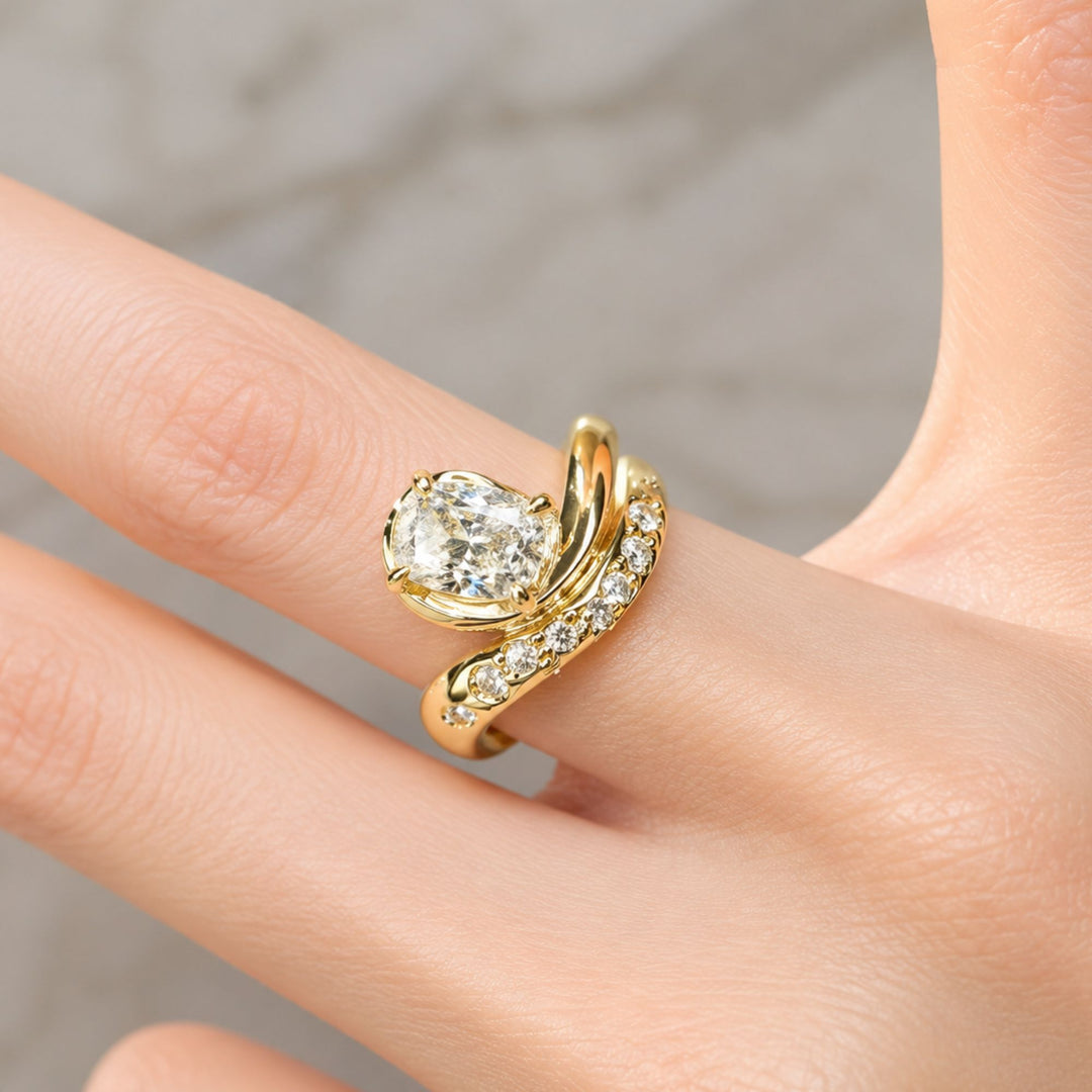 Cushion Cut Bypass Engagement Ring, Gold Scattered Diamond Statement Ring, Unique Asymmetric Design, One of a Kind Gift, IGI Certified Ring