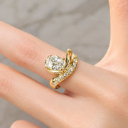 Cushion Cut Bypass Engagement Ring, Gold Scattered Diamond Statement Ring, Unique Asymmetric Design, One of a Kind Gift, IGI Certified Ring