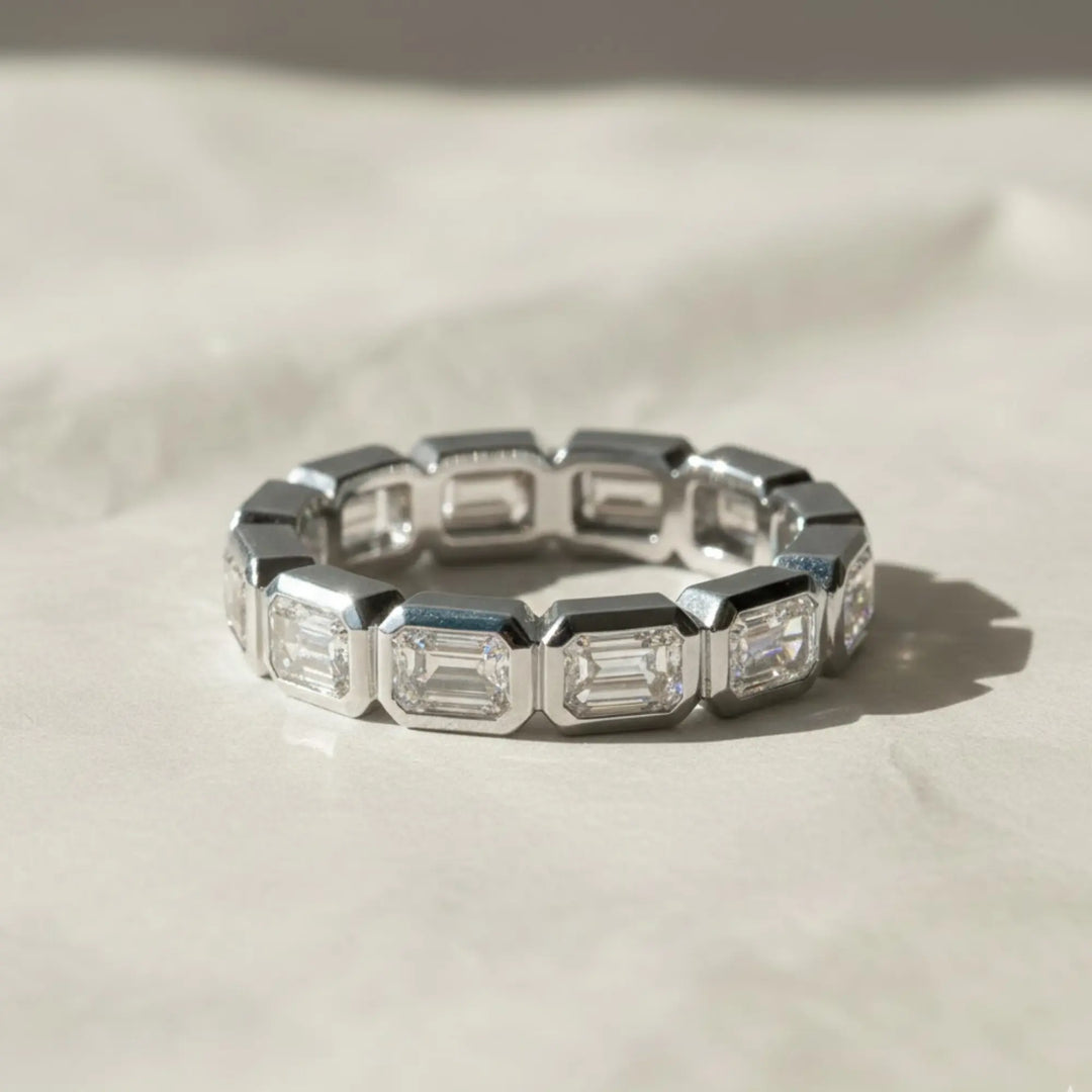 Emerald Cut Lab Grown Diamond Eternity Ring, 14K Yellow Gold Bezel Set Jwalin Jewels