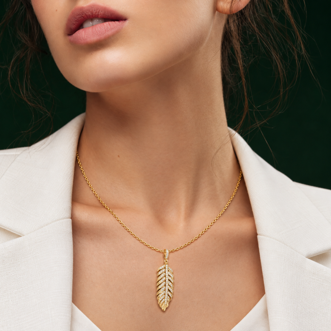14K Solid Gold Feather Pendant | Natural Diamond Plume Necklace | Elegant Feather Jewelry | Nature Inspired Pendant