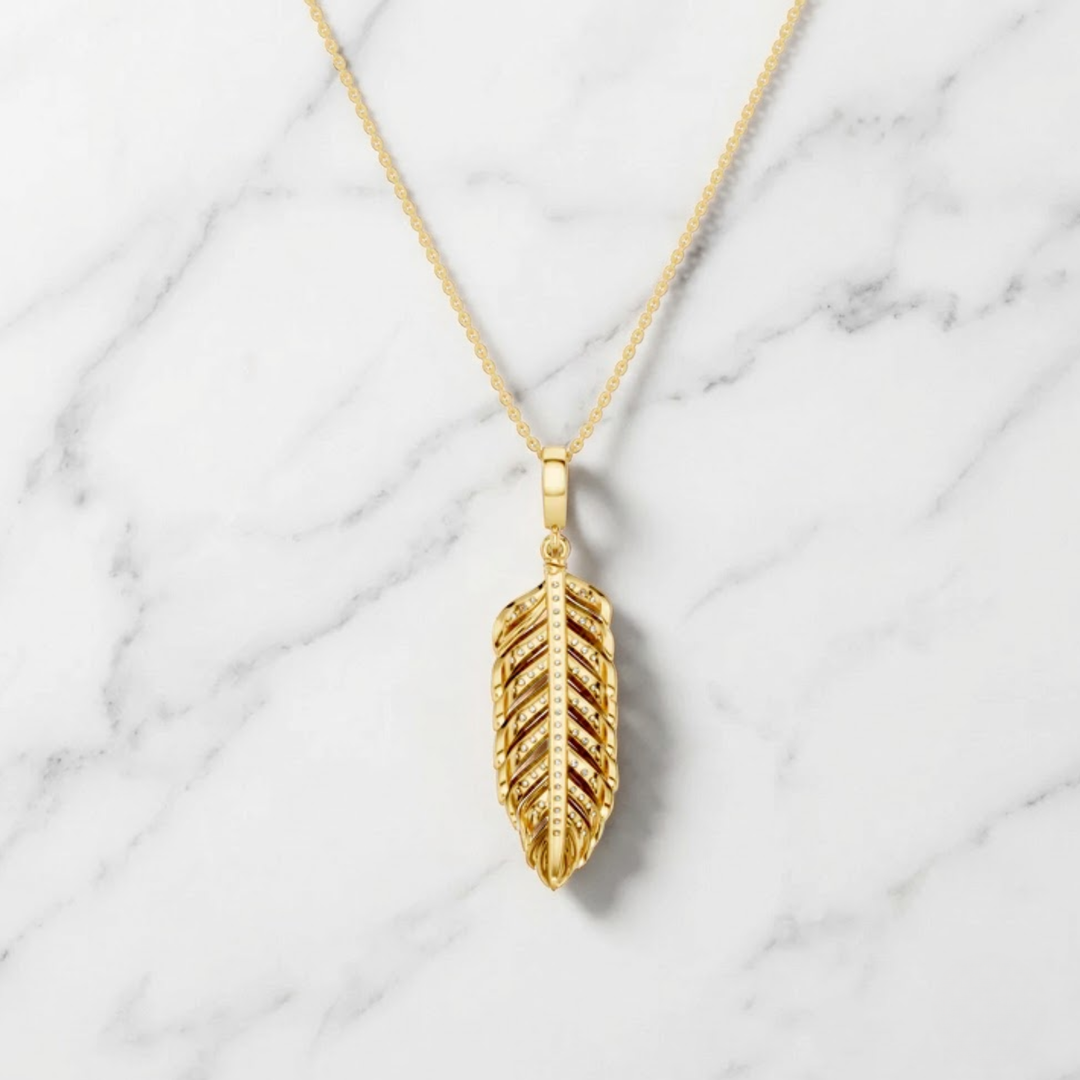 14K Solid Gold Feather Pendant | Natural Diamond Plume Necklace | Elegant Feather Jewelry | Nature Inspired Pendant