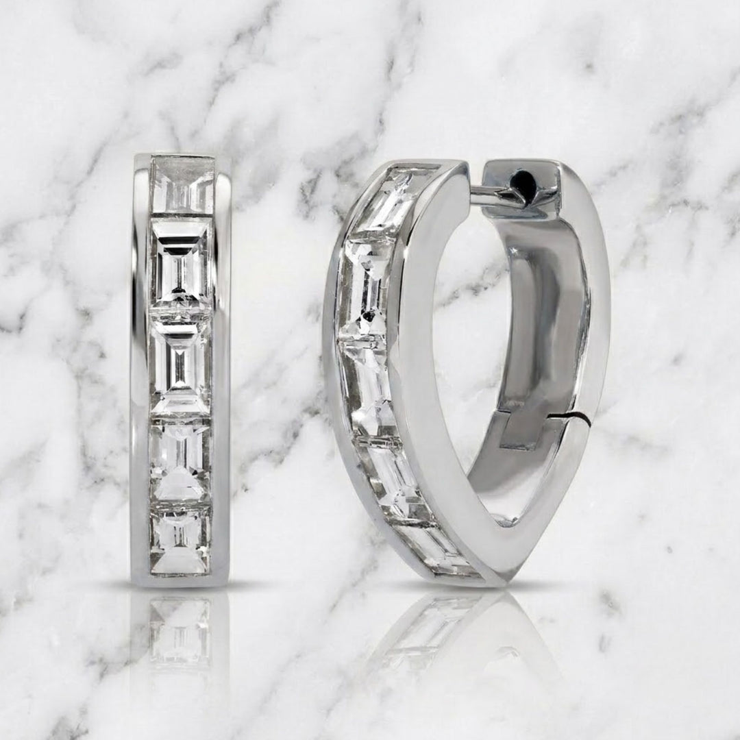 14K Solid Gold Baguette Cut Natural Diamond Huggie Hoop Earrings