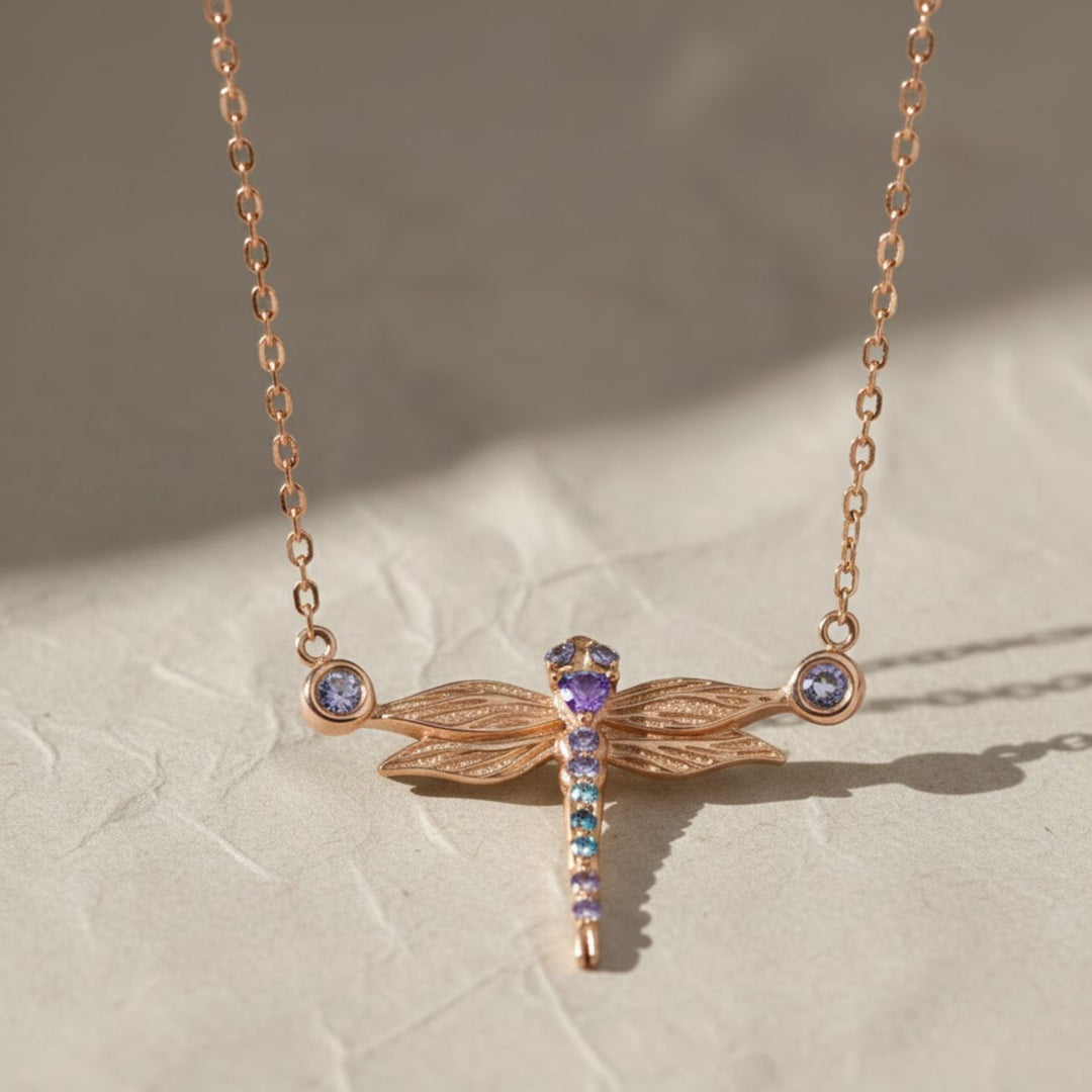 Lab Grown Tanzanite & Blue Topaz Dragonfly Necklace, Gold Filled, Nature Inspired, Dainty Fine Jewelry, Gift for Her, Boho Jewelry