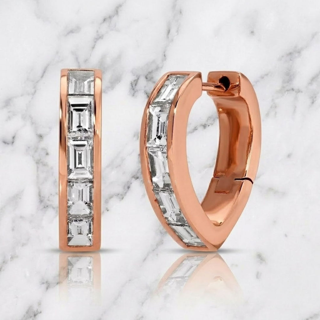 14K Solid Gold Baguette Cut Natural Diamond Huggie Hoop Earrings