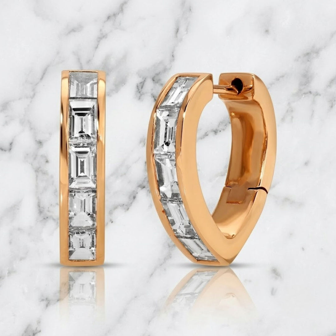 14K Solid Gold Baguette Cut Natural Diamond Huggie Hoop Earrings