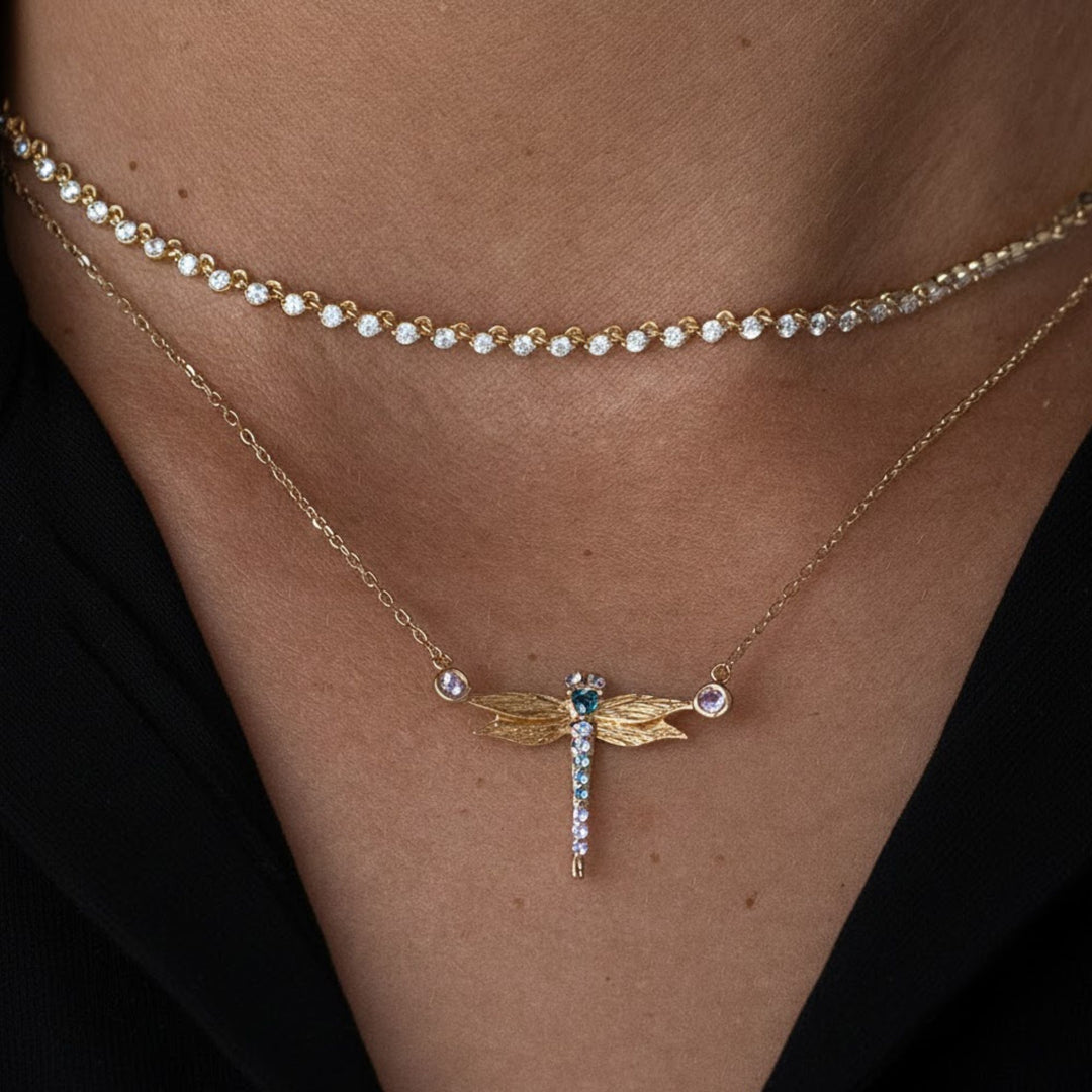 Lab Grown Tanzanite & Blue Topaz Dragonfly Necklace, Gold Filled, Nature Inspired, Dainty Fine Jewelry, Gift for Her, Boho Jewelry
