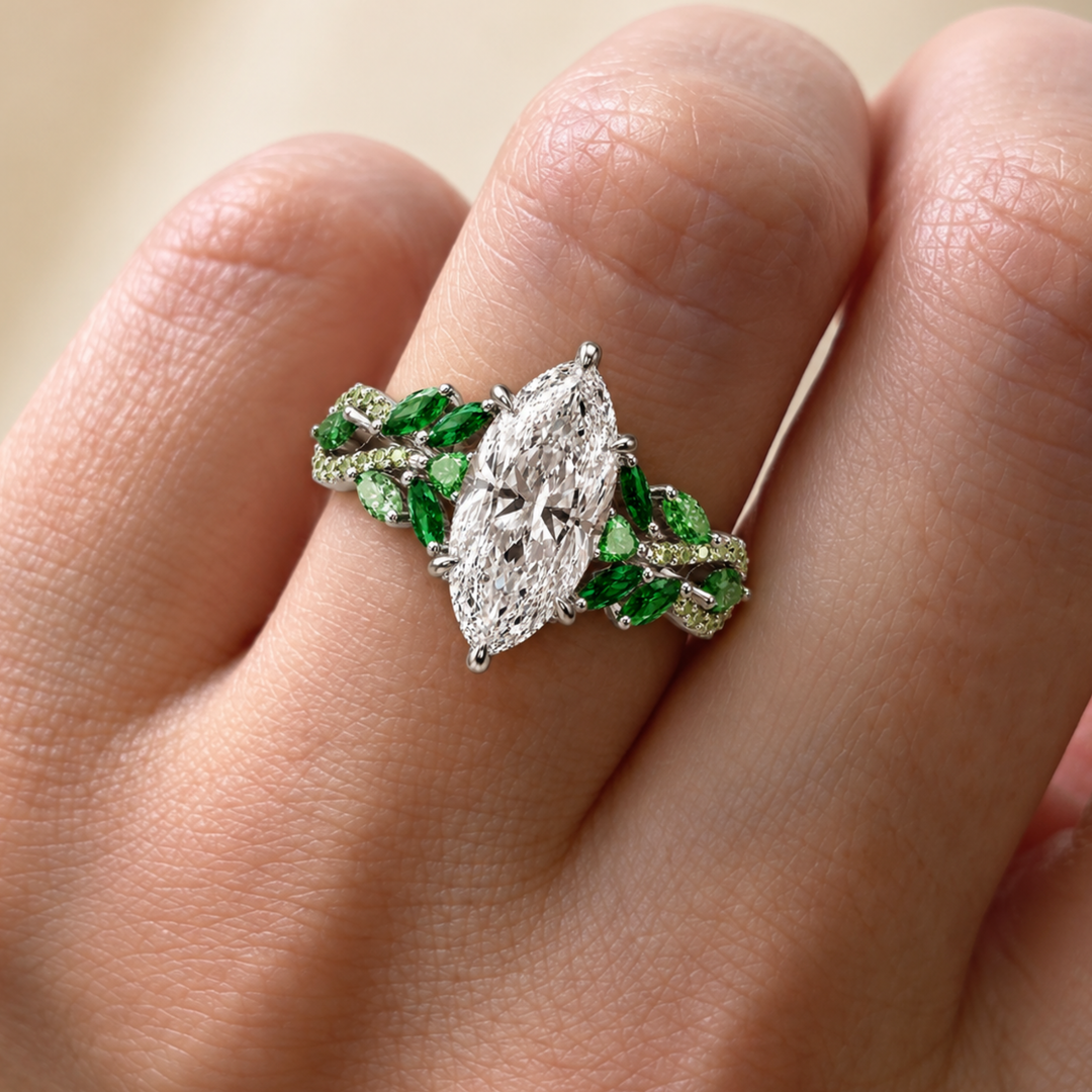 2.51 CT Marquise Cut Lab Diamond Ring With Natural Emerald & Peridot Side Stones |14K Solid Gold