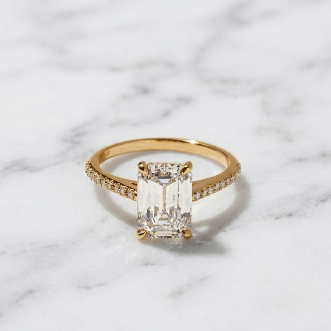 Emerald Cut Lab Diamond Five Stone Ring, 14K Yellow Gold Engagement Ring