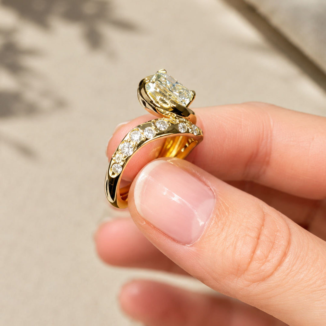 Cushion Cut Bypass Engagement Ring, Gold Scattered Diamond Statement Ring, Unique Asymmetric Design, One of a Kind Gift, IGI Certified Ring