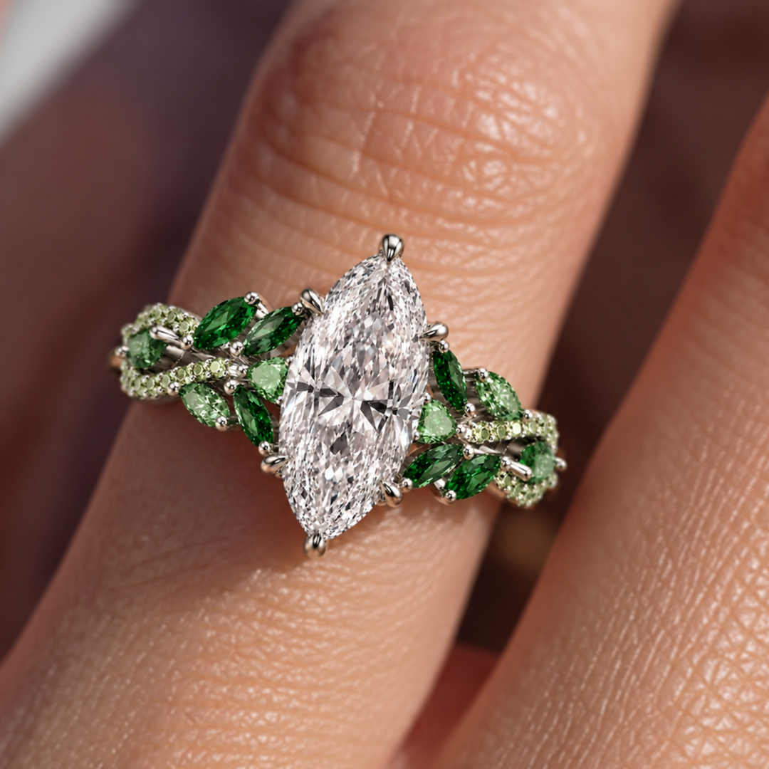2.51 CT Marquise Cut Lab Diamond Ring With Natural Emerald & Peridot Side Stones |14K Solid Gold
