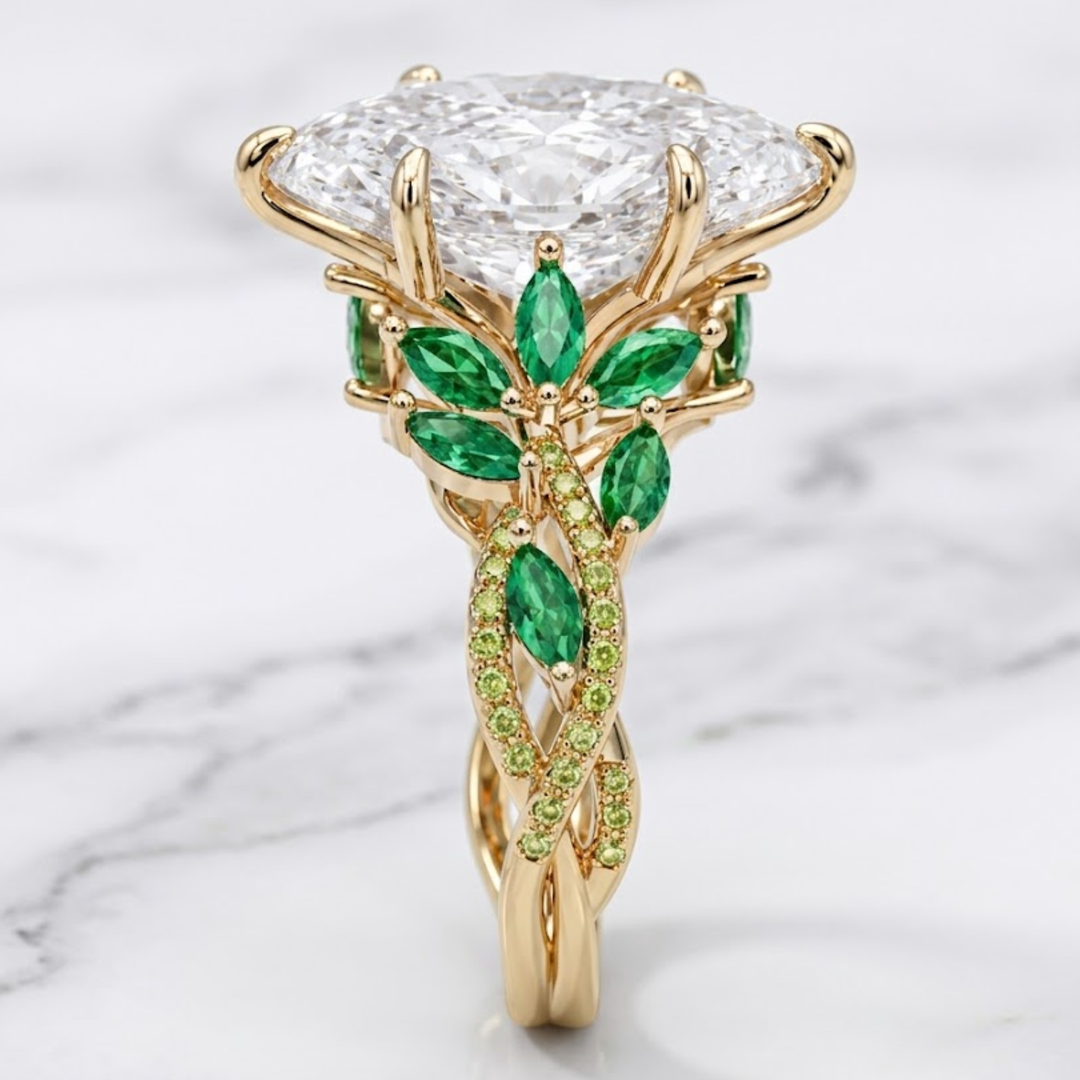 2.51 CT Marquise Cut Lab Diamond Ring With Natural Emerald & Peridot Side Stones |14K Solid Gold