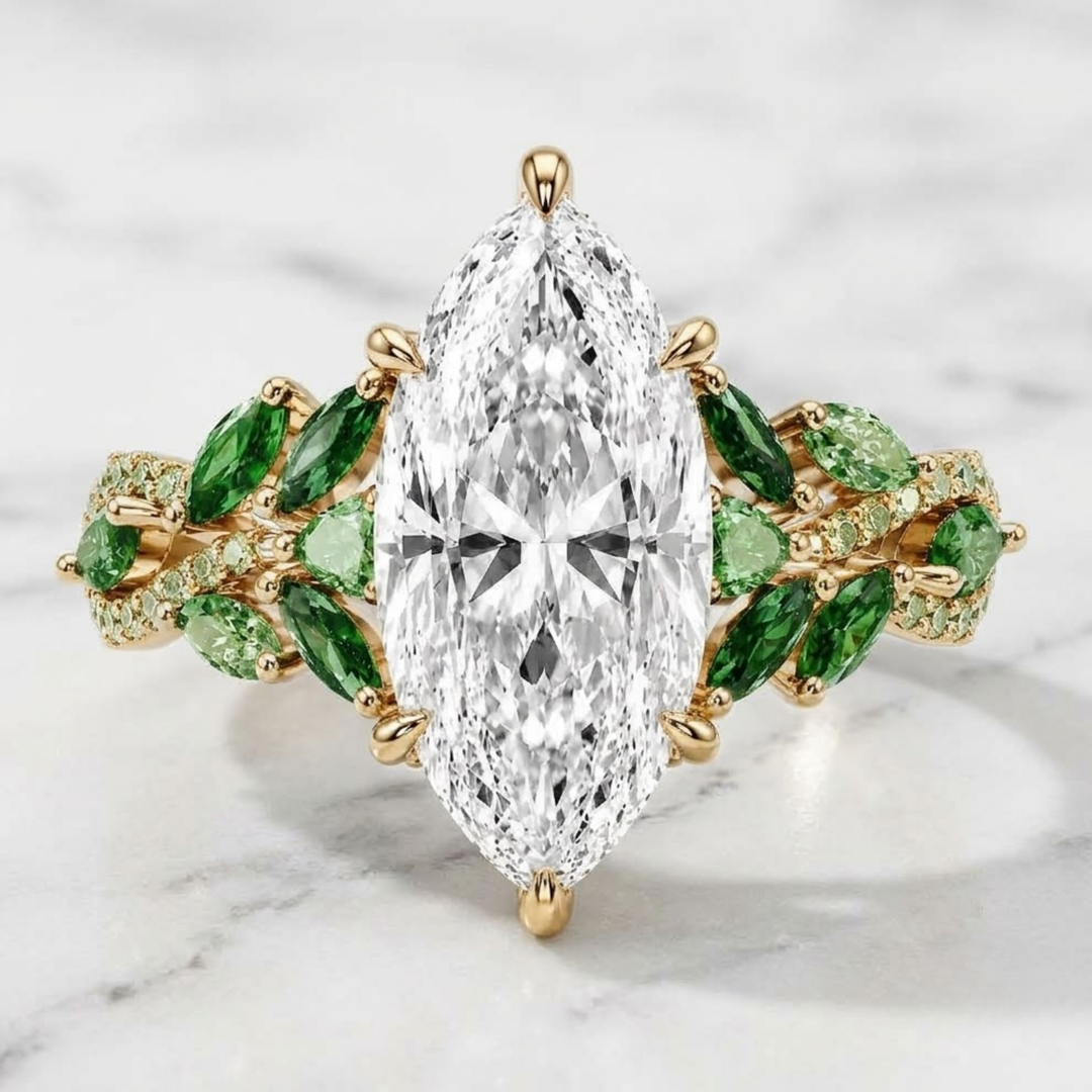 2.51 CT Marquise Cut Lab Diamond Ring With Natural Emerald & Peridot Side Stones |14K Solid Gold