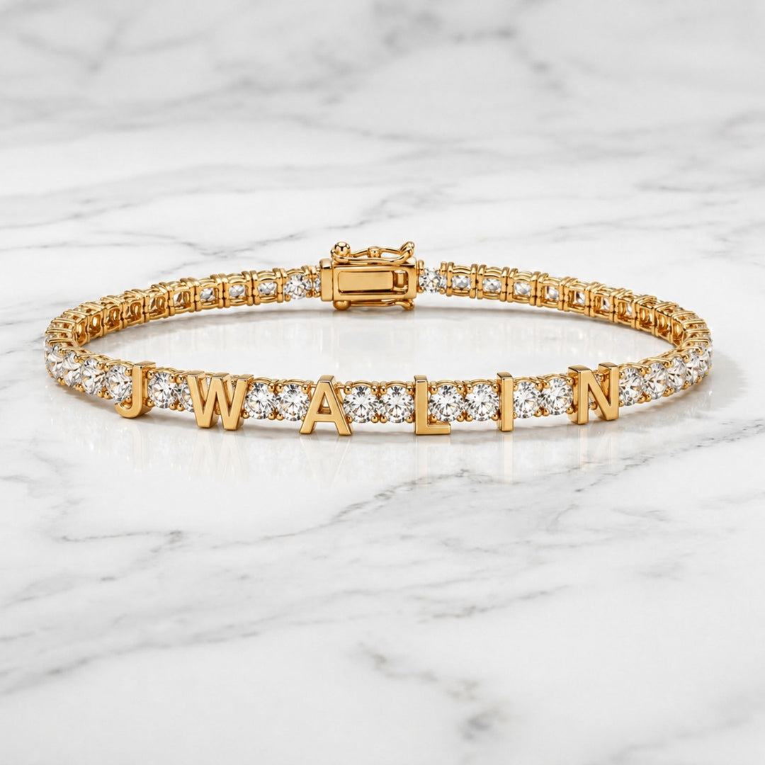 Custom Name Tennis Bracelet, Gold Letter Diamonds Chain, Personalized Initial Bracelet, Bridesmaid Birthday Gift Her, Diamond Name Bracelet
