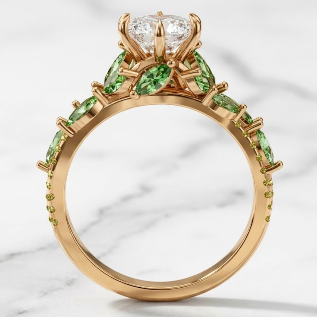 2.51 CT Marquise Cut Lab Diamond Ring With Natural Emerald & Peridot Side Stones |14K Solid Gold