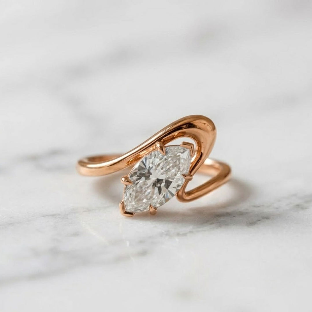 Marquise Lab Grown Diamond Solitaire Ring,14K Gold, Engagement Statement Jewelry, Curved Bypass Design, IGI Certified, Modern Elegant Gift