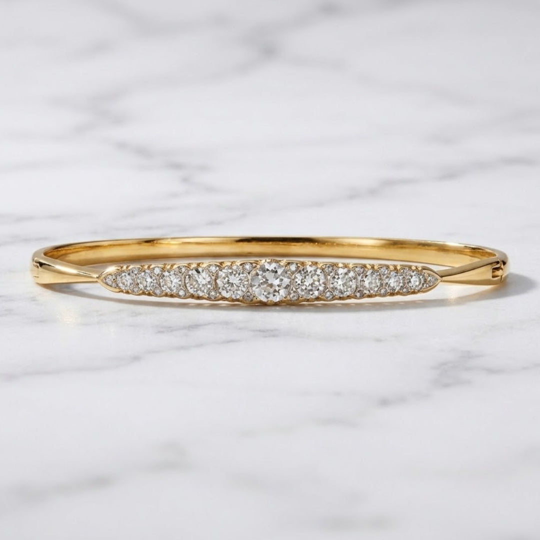 Solid Gold Diamond Bangle Bracelet, Graduated Diamond Cluster Bar, Thin Hinged Elegant Bangle Bracelet, Bridal Anniversary Gift, Bangle Gift