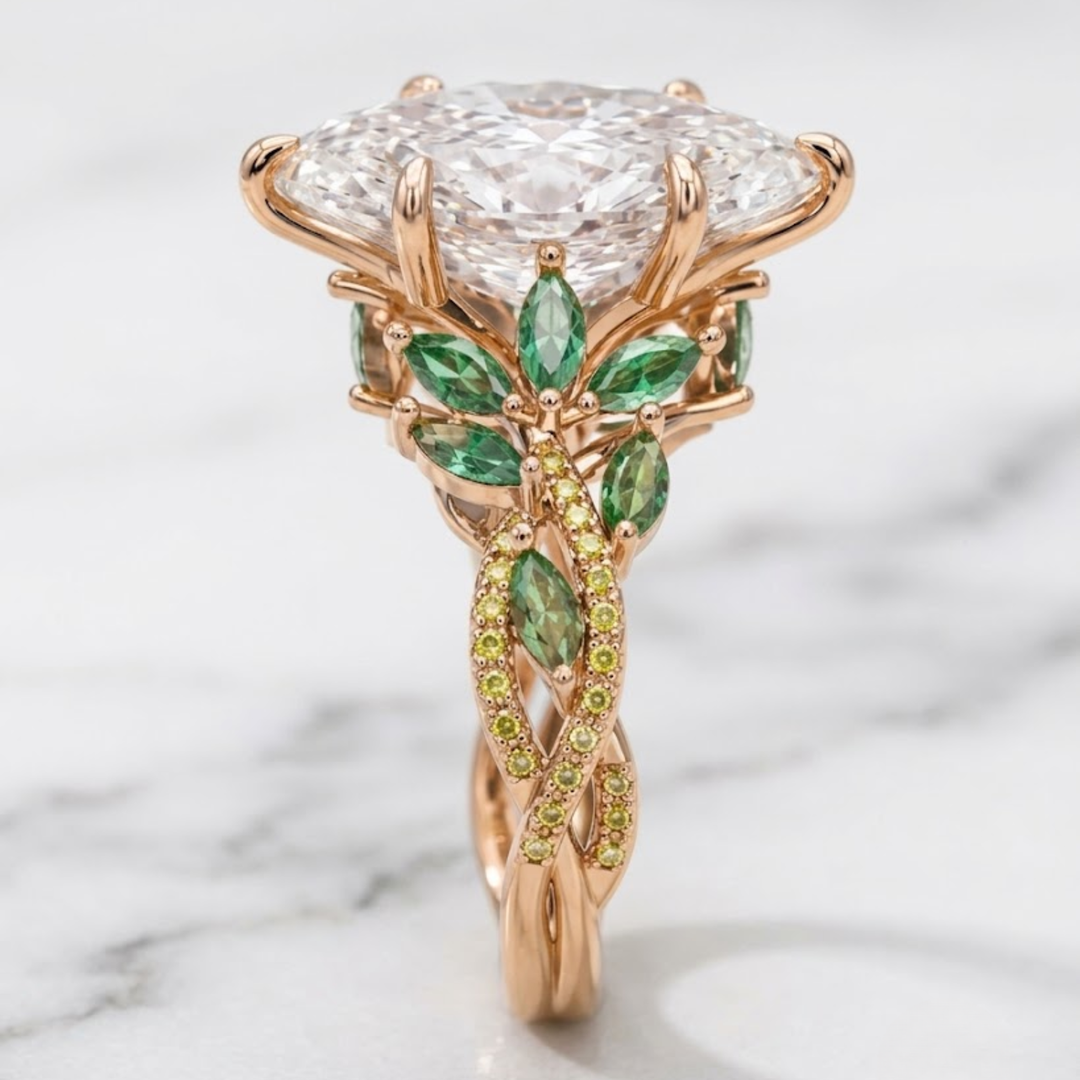 2.51 CT Marquise Cut Lab Diamond Ring With Natural Emerald & Peridot Side Stones |14K Solid Gold
