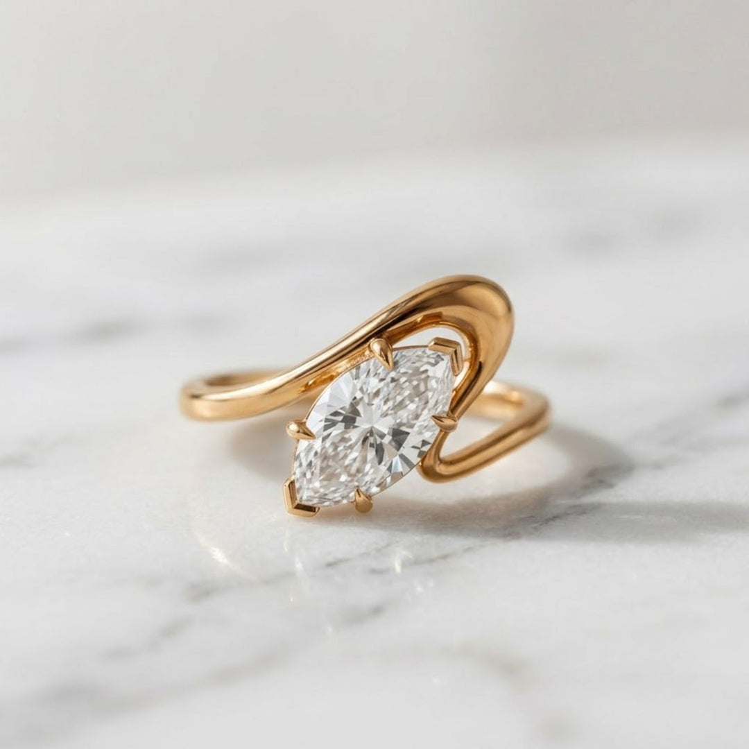 Marquise Lab Grown Diamond Solitaire Ring,14K Gold, Engagement Statement Jewelry, Curved Bypass Design, IGI Certified, Modern Elegant Gift