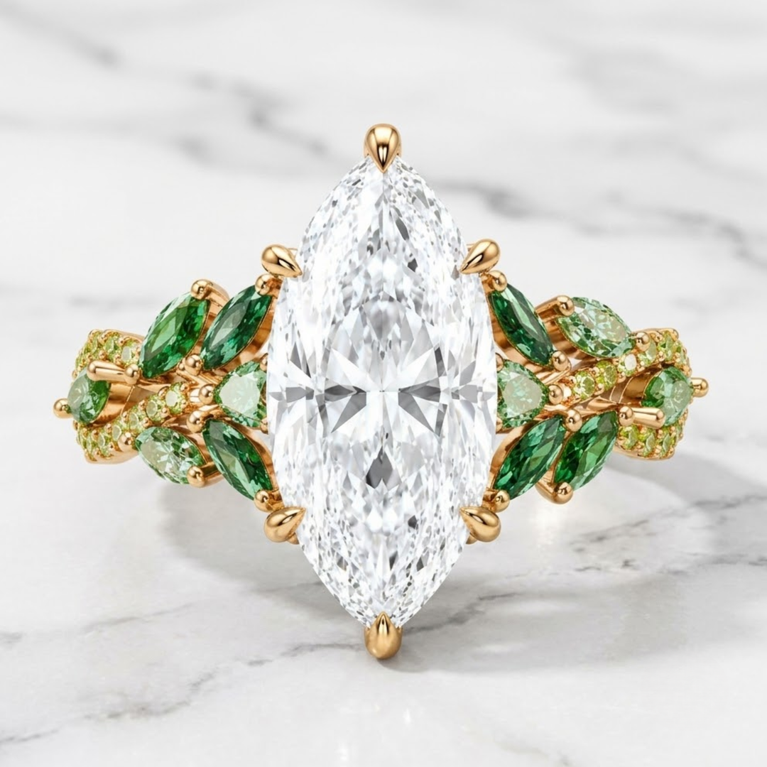 2.51 CT Marquise Cut Lab Diamond Ring With Natural Emerald & Peridot Side Stones |14K Solid Gold