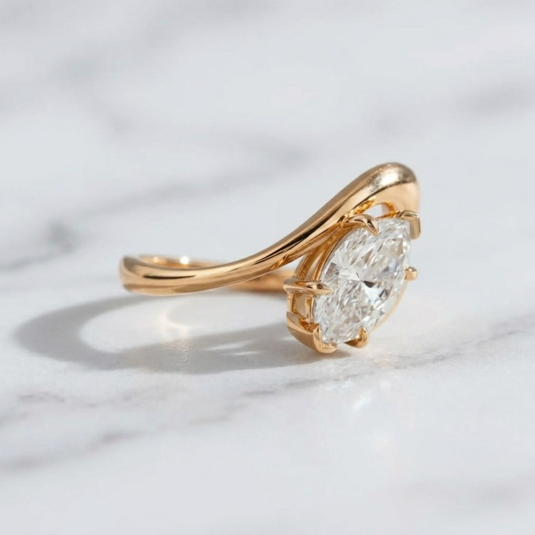 Marquise Lab Grown Diamond Solitaire Ring,14K Gold, Engagement Statement Jewelry, Curved Bypass Design, IGI Certified, Modern Elegant Gift