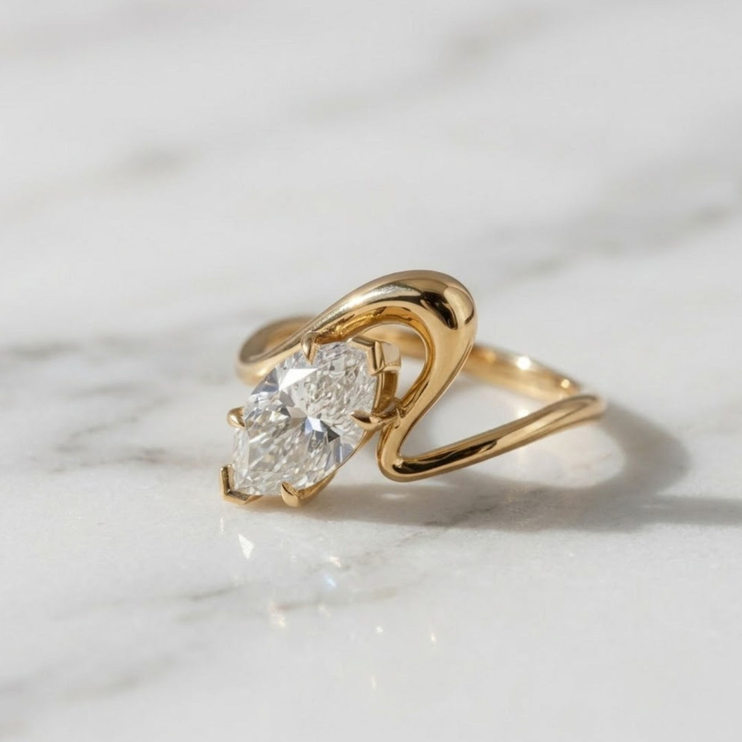 Marquise Lab Grown Diamond Solitaire Ring,14K Gold, Engagement Statement Jewelry, Curved Bypass Design, IGI Certified, Modern Elegant Gift