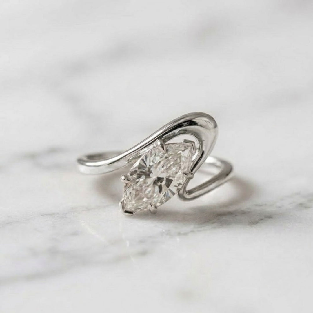 Marquise Lab Grown Diamond Solitaire Ring,14K Gold, Engagement Statement Jewelry, Curved Bypass Design, IGI Certified, Modern Elegant Gift