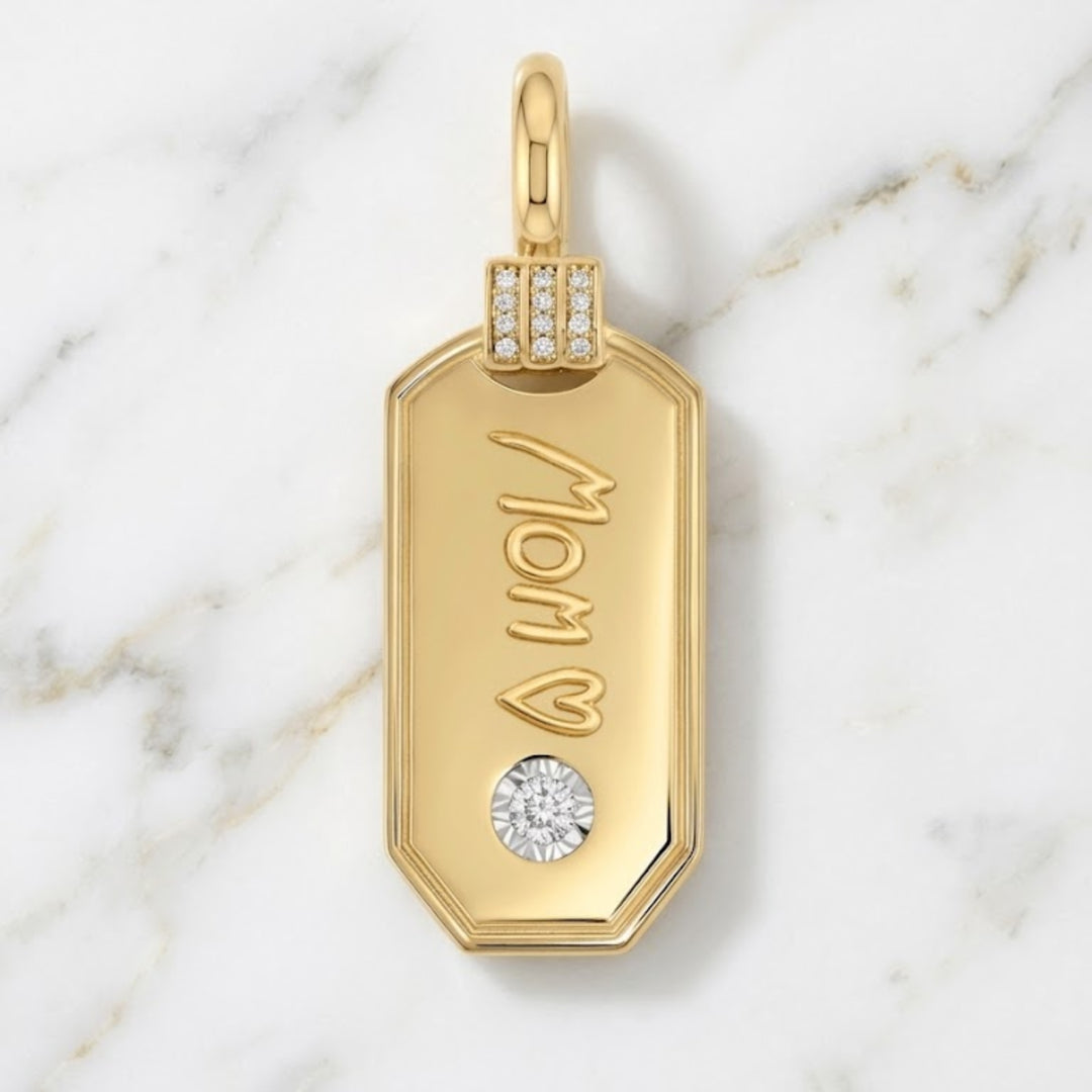14k Solid Gold Diamond Mom Pendant, Personalized Dog Tag Necklace