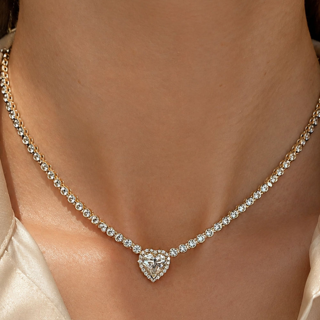14K Solid Gold Diamond Bezel Heart Center Tennis Necklace