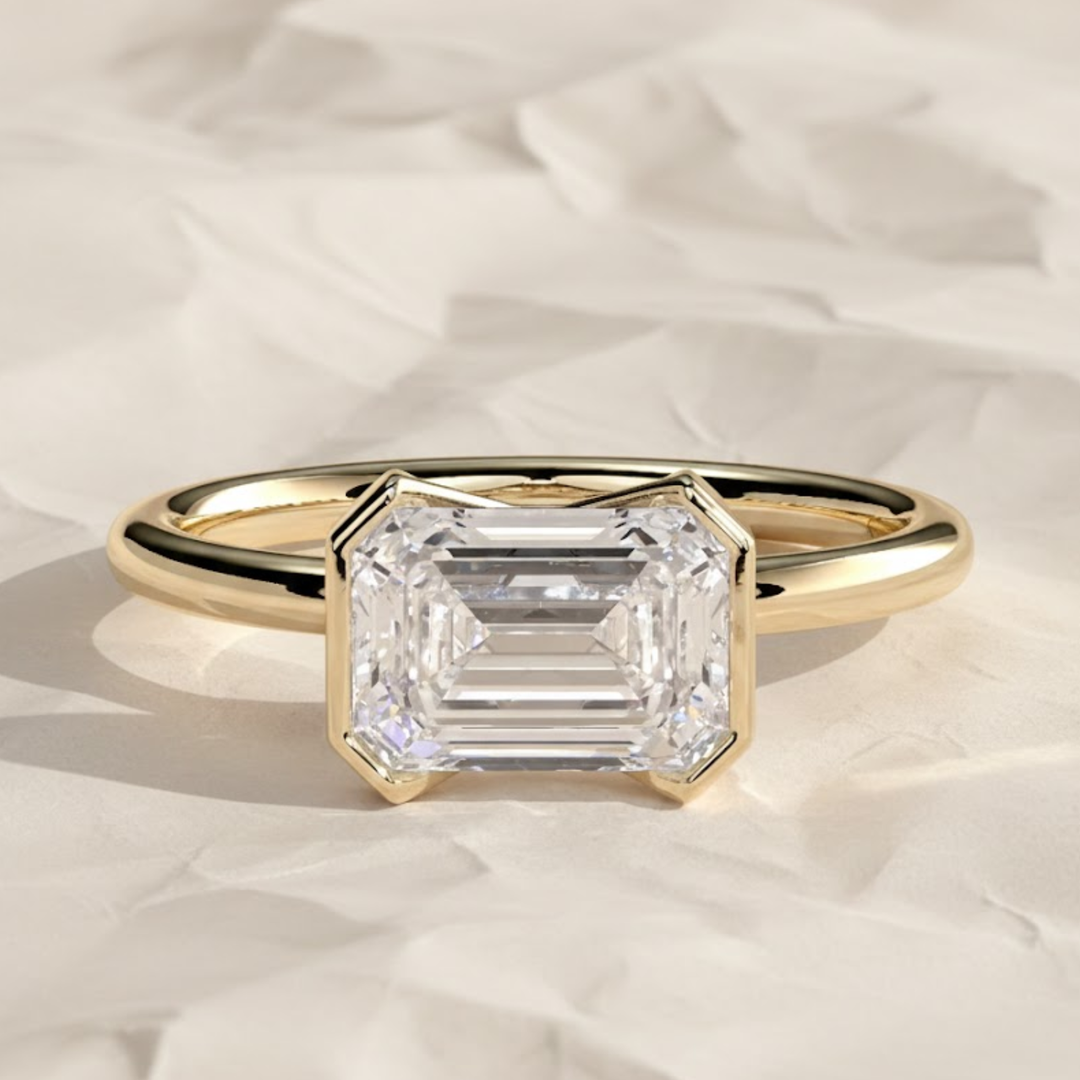 Emerald Half Bezel Lab Grown Diamond Engagement Ring, 1 to 3 CT Lab Created, Wedding Ring, Anniversary Gift, Solitaire Diamond Ring for her