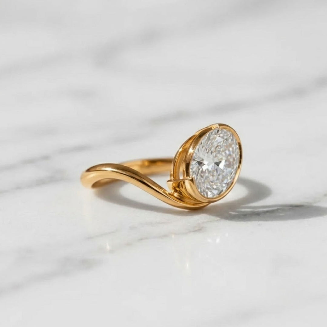 Lab Grown Oval Cut Diamond Ring, Bezel Set, 2.00 CT F+ VS+ Certified IGI Gold Engagement Ring, East West Solitaire, Luxury Jewelry
